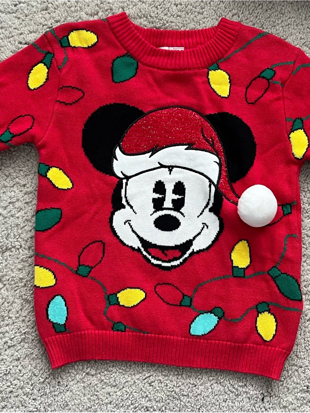 Disney Red Mickey Mouse Holiday Sweater with Yellow & Green Lights